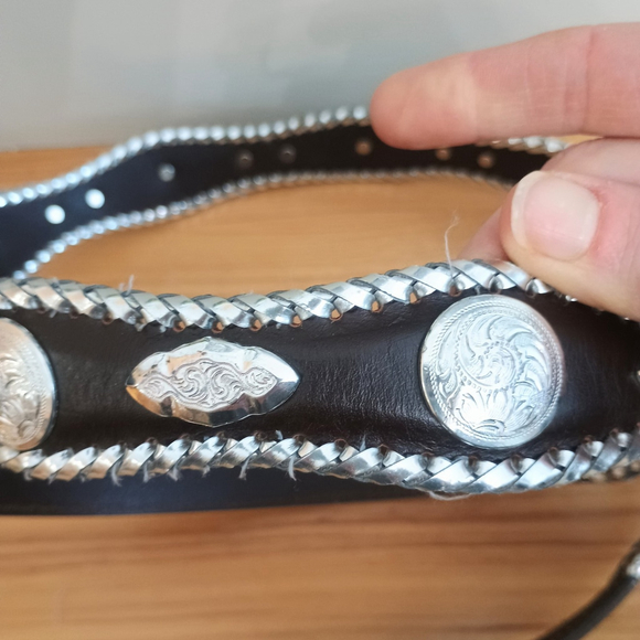 Western Brown Leather Scalloped Belt W/ Silver Conchos Braided Edge Mens 46 - Picture 5 of 10